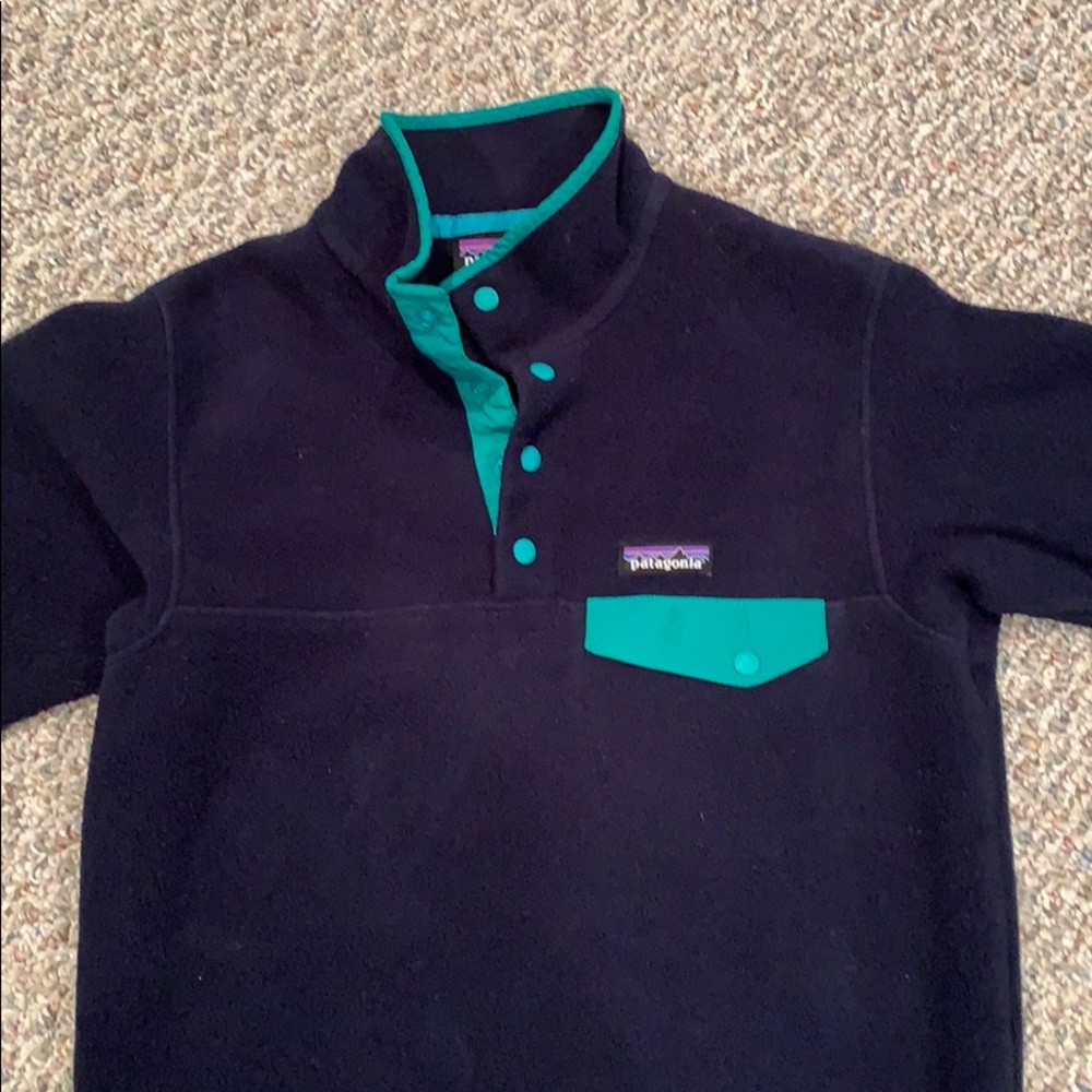 Patagonia Black and Teal Cowl Neck Sweater